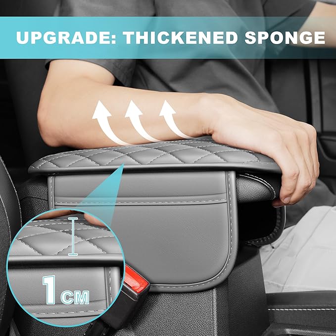 Center Console Cover Fit for Kia Sorento 2003-2025 with 2 Storage Bags Waterproof Leather Quilted Pattern Car Armrest Cover Cushion Anti - Slip(Grey&White Line)