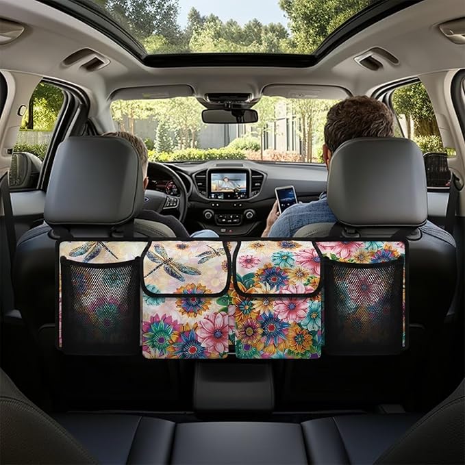 Dragonfly Car Trunk Organizer for Women Lady Boho Floral Blossoms Waterproof Hanging Car Storage Organizer Trunk Storage Bag