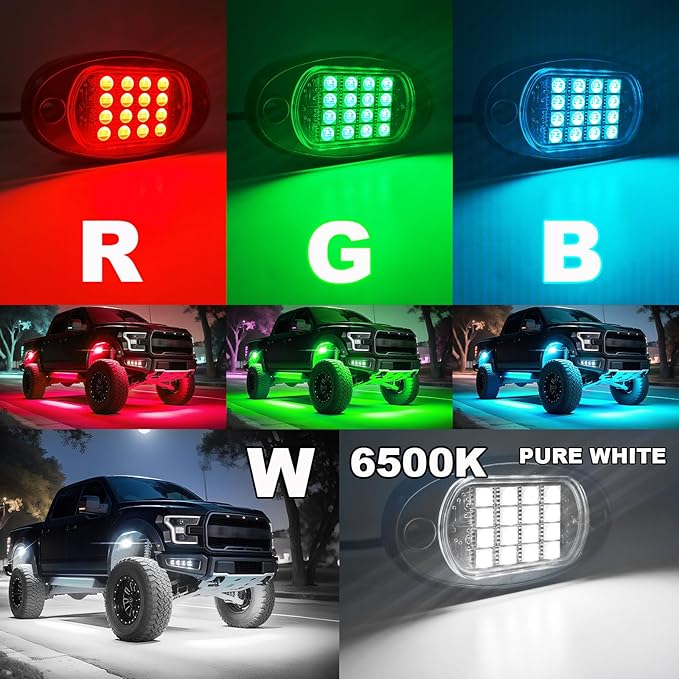 12 Pods RGBW LED Rock Lights Full Kit, 6500K Pure White (Not Mixed) & RGB Underglow for Truck Jeeps Golf Cart ATV UTV RZR Pickup, App/RF Remote Smart Brake Music Sync, Waterproof Offroad Underbody 12V