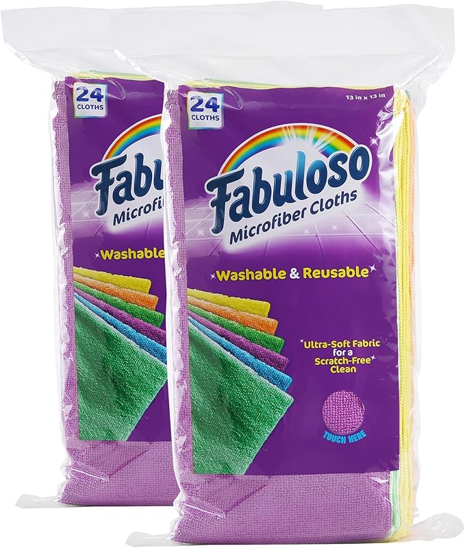 Fabuloso Microfiber Cleaning Cloths for Home & Car, Lint-Free Scratch-Free Rags for Glass, Kitchen & Wood, Reusable Machine Washable, Absorbent for Dusting & Wiping, Rainbow, 13 x 13 in, 24 Ct - 2 Pk
