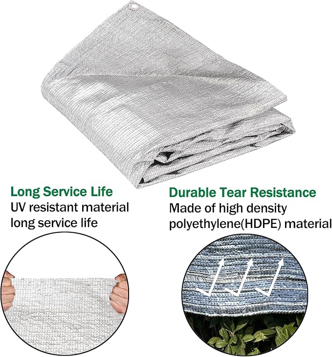 95% Sun Block Heavy Duty Aluminum Foil Shade Cloth with Grommets,6.5ft x 20ft, Mesh Sun Block Fabric Cover, Canopy, Privacy Screen for Outdoor Patio, Garden, Backyard, Silver