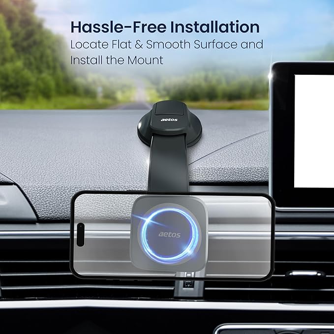 aetos for iPhone MagSafe Car Mount Magnetic Phone Holder with Adhesive Suction Base, Fits iPhone 17/16/15/14 Pro/Plus/Max and Android Phones with Ring Adaptor, Ideal for Dashboard and Windshield