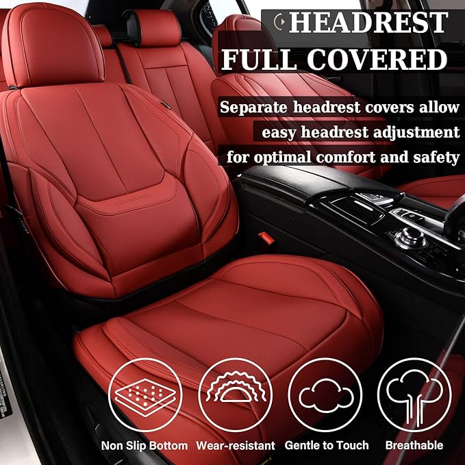 Coverado Car Seat Covers Full Set, Car Seat Protector Waterproof, Nappa Leather Car Seat Cushion, Red Seat Covers for Cars, Front Seats and Back Universal Fit for Most Cars