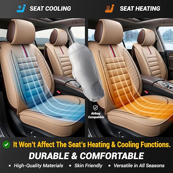 OASIS AUTO Car Seat Covers Full Set Premium Waterproof Faux Leather Cushion Universal Accessories Fit SUV Truck Sedan Automotive Vehicle Auto Interior Protector (OS-001 Tan)