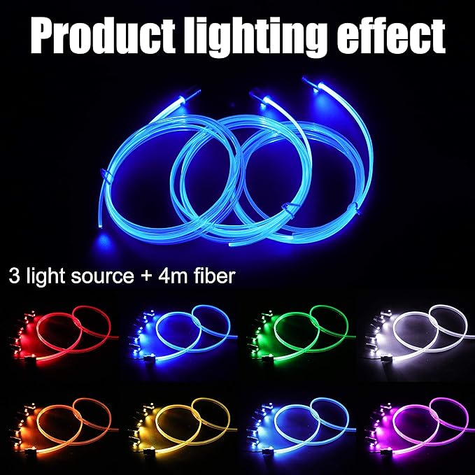 Car Ambient Lighting Optic Fiber 64 Colors Music Sound Active with RF Remote Control + APP Control Car Decorative Atmosphere Lighting Kit DC 12V 1W 4m