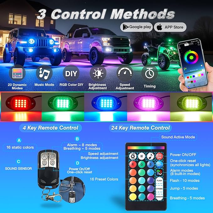 10Pods RGB LED Rock Lights Kit with APP/RF Remote Control, Segmented LED Underglow Lights Multi Zone Neon Exterior Light Multicolor 12v Waterproof for Truck Jeep UTV ATV Golf Cart Offroad SXS