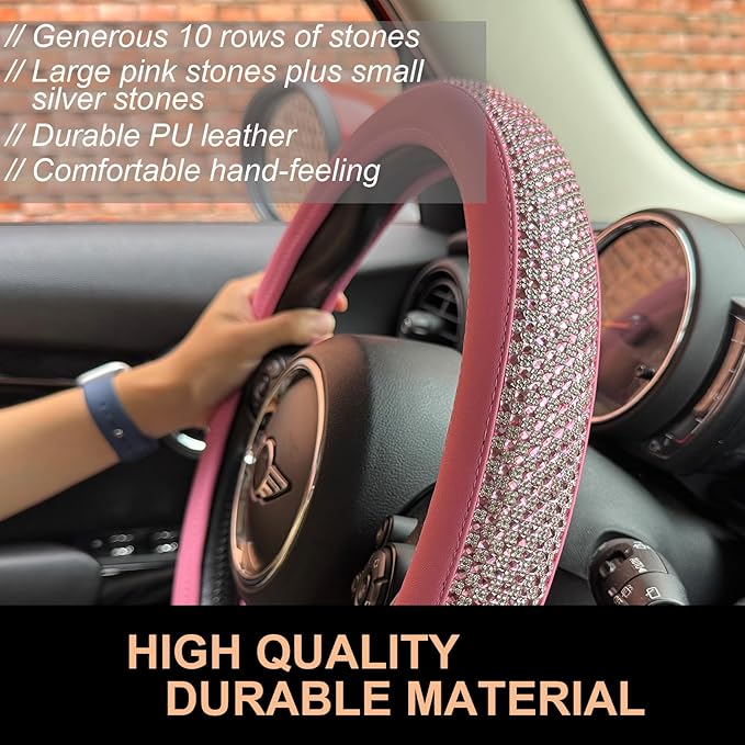 PINCTROT Bling Bling Comfy Steering Wheel Cover with Jumbo Crystal Rhinestones, Anti-Slip Diamond Leather, Universal 15 Inch (All Pink)