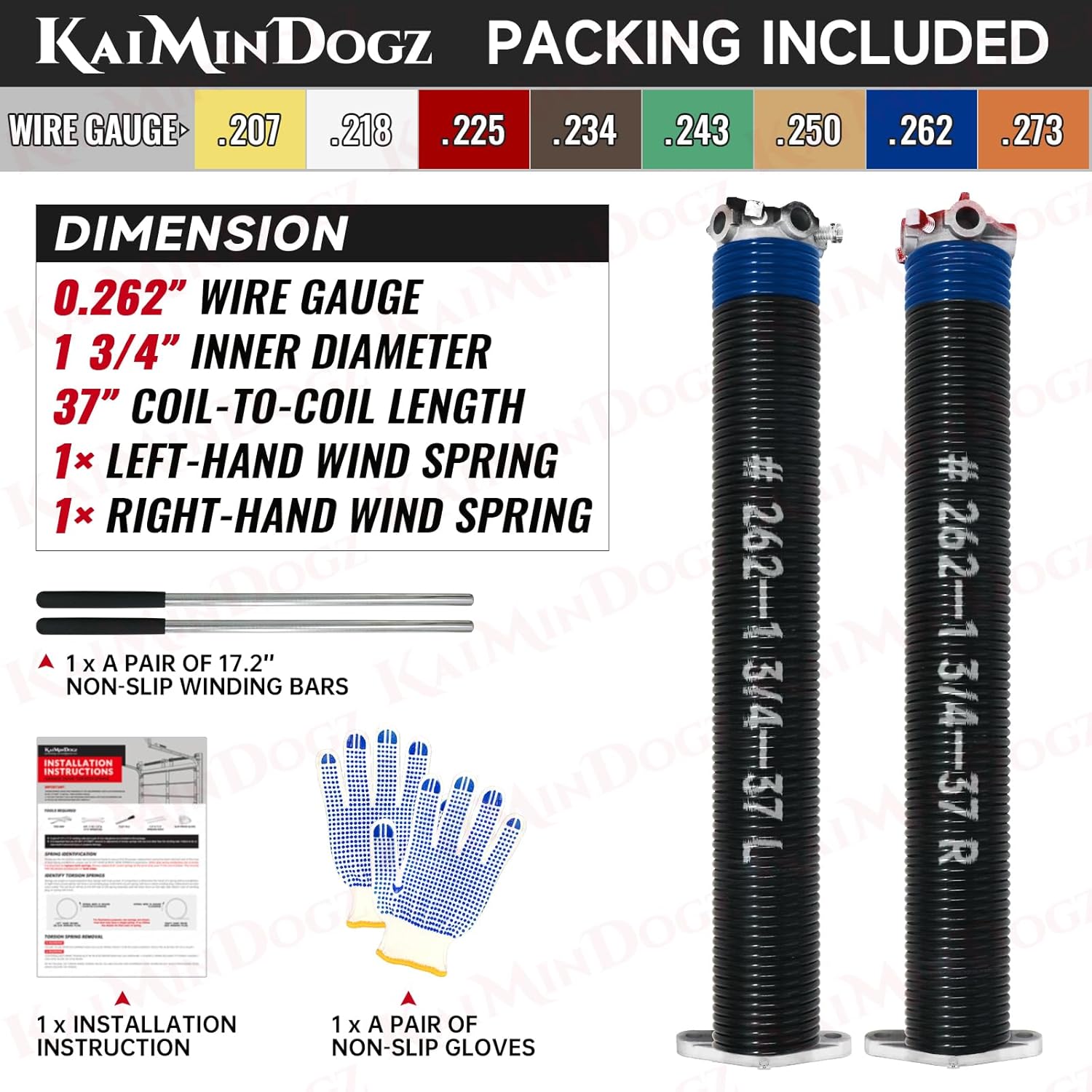 Pair of 1.75" Garage Door Torsion Springs Set with Non-Slip Winding Bars&Gloves, High Precision Electrophoresis Oil-Free Black Coated for Replacement, MIN 16,000 Cycles (0.262 x 1.75"x 37")