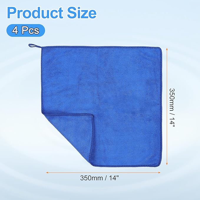 HARFINGTON 4 Pack Microfiber Cleaning Cloth, 14" x 14" Multi-Functional Cleaning Towels Reusable Absorbent Rags with Hook for Car Wash Kitchen Household Window Clean, Sapphire Blue