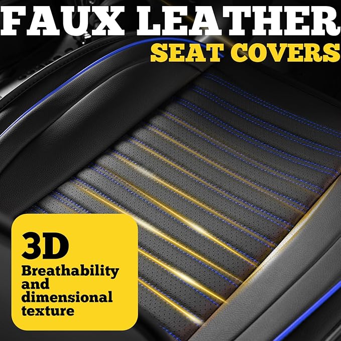 LINGVIDO Full Set Car Seat Covers, Faux Nappa Leather, Airbag Compatible and Waterproof Protectors for Sedans SUVs, Breathable Interior for Active Families, Pets, and Commuters (5 Seats, Black/Blue)