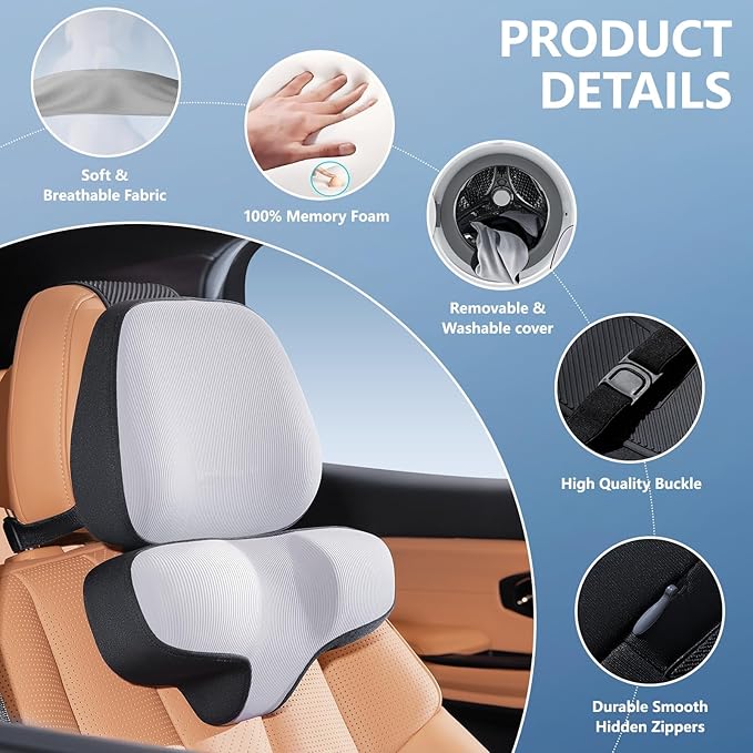 BEBAS Car Headrest Pillow - Memory Foam Neck Support Pillow for Driving, Ergonomically Designed for Long Drives & Travel, Pain Relief with Removable & Washable Cover | Gray, 1-Pack