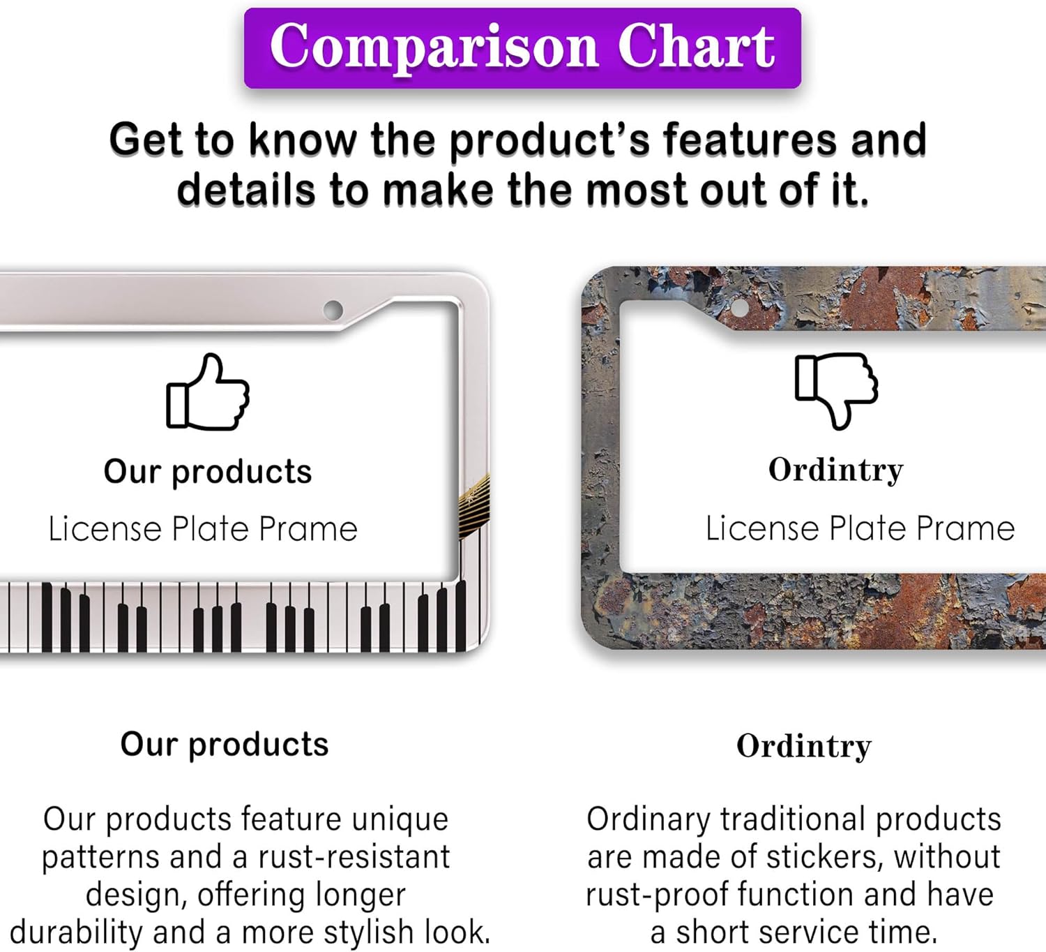 License Plate Bracket Black and White License Plate Frames Beautiful Piano Keys Music Notes Aluminum Metal Car Accessory 2 Pack with Screw Covers Set