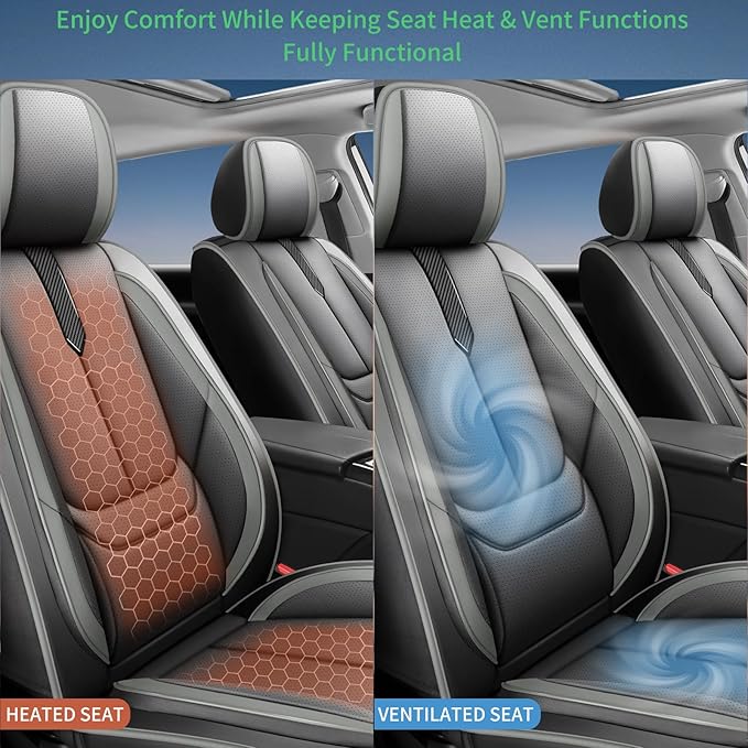 Fit Kona Car Seat Covers for Hyundai Kona 2018-2024 2025 2026 -Upgraded Premium Waterproof & Breathable Leather,Airbag Compatible,All-Weather Seat Cushion Protector,2 Front/Black-Grey