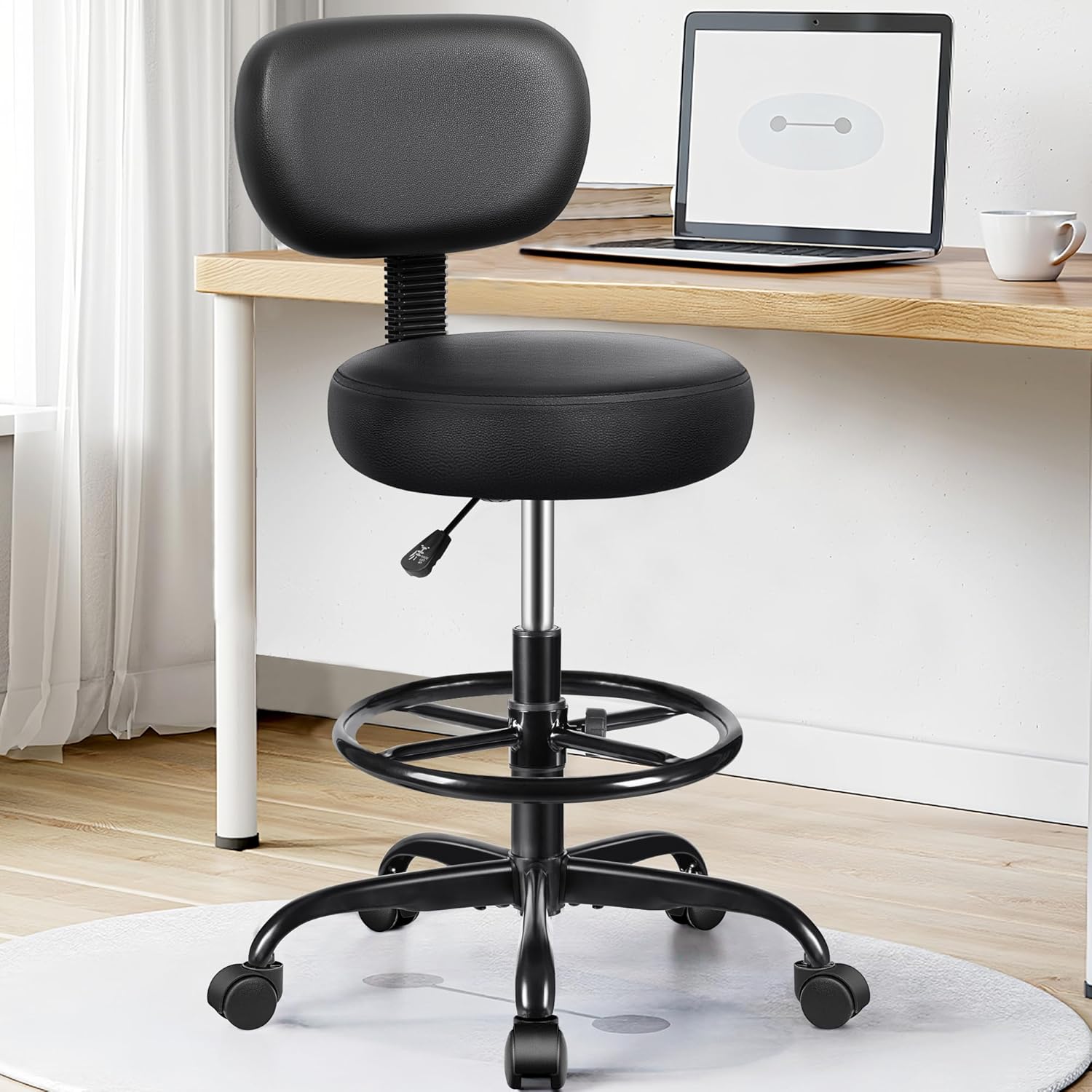 Drafting Chair with Backrest – Adjustable Foot Rest Rolling Stool with Wheels, PU Leather Swivel Stool for Office Spa Studio Lab Counter Salon Home Work Bar Kitchen Shop(Black)