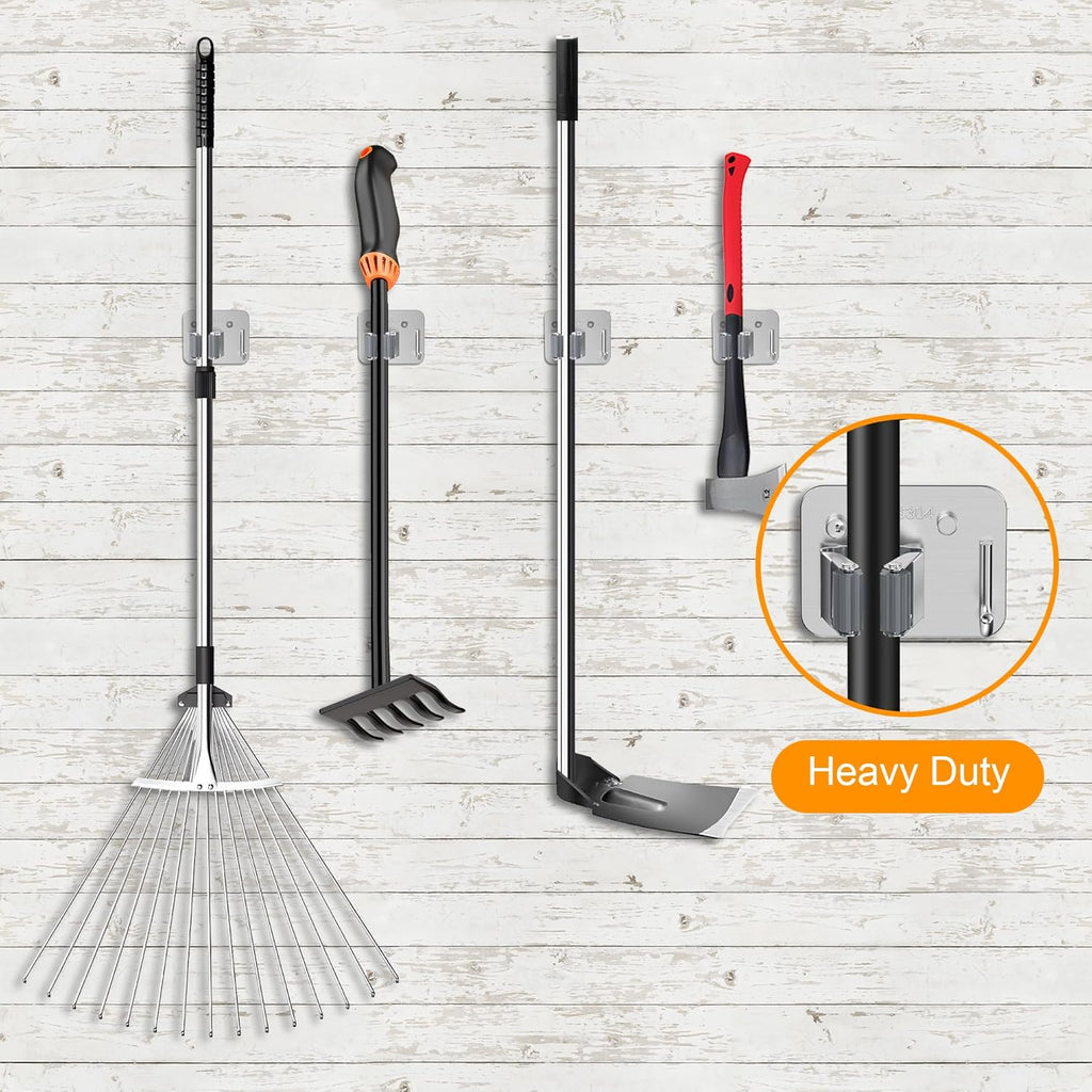 4 Pack Stainless Steel Mop and Broom Holder Wall Mount with Hook, Screw Drilling Mop and Broom Hanger, Single Heavy Duty Storage Rack for Laundry Garage Closet Garden Tool Organizer, Silver