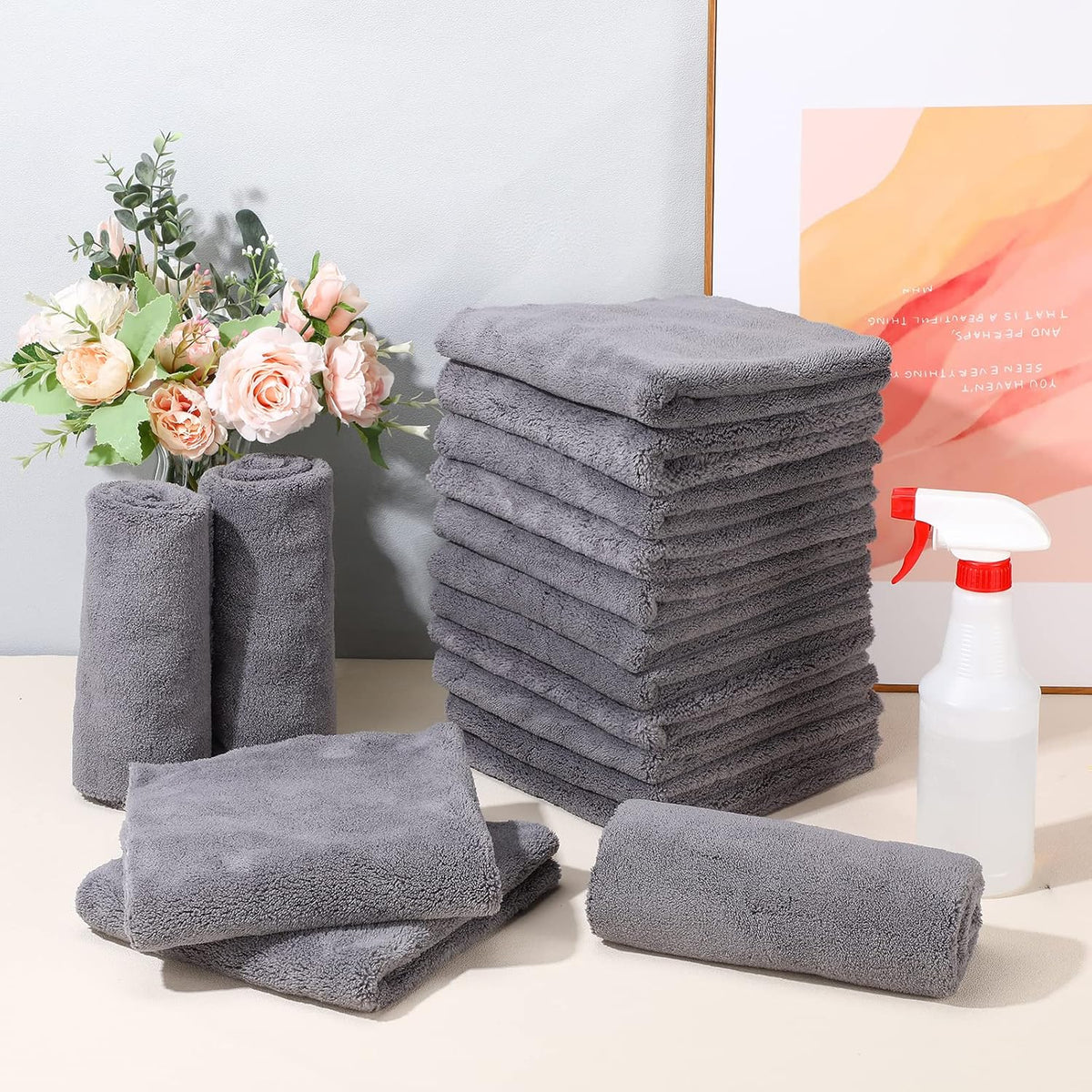 Shimeyao 30 Pcs Edgeless Microfiber Plush Towels for Cars Detailing Drying Wash Polishing Absorbent Cleaning Cloths, 500 GSM, 16 x 16 Inch(Gray)