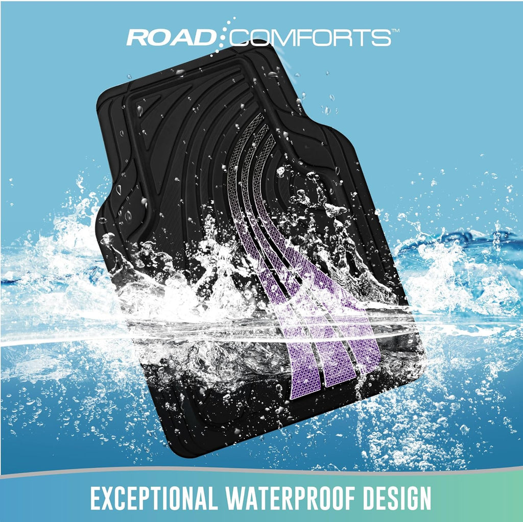 Road Comforts Car Floor Mats Full Set – Front & Rear Car Floor Mats with Aluminum Design, Anti-Slip Backing, All-Weather Protection, Trim-to-Fit Car Mats for Most Sedans, SUVs & Vans - Purple