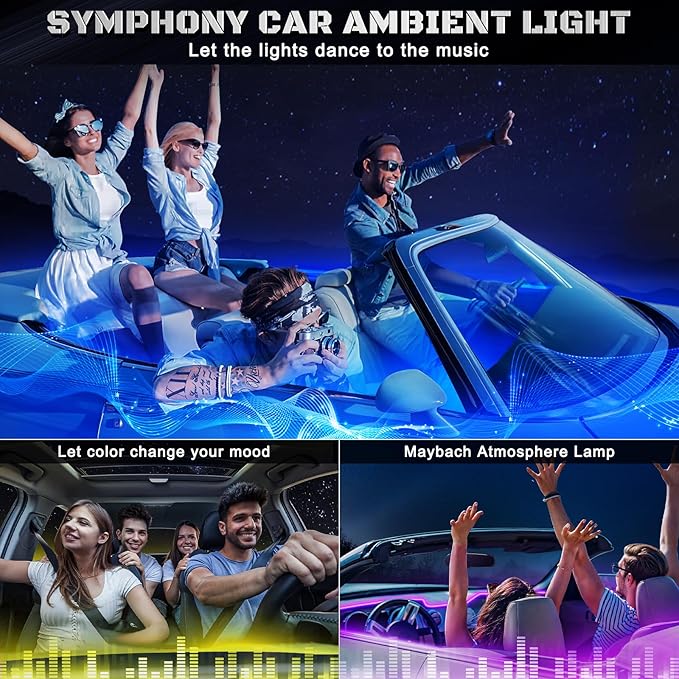 RGB Acrylic Interior Car LED Strip Light with Wireless APP, Car Accessories 6 in 1 with 175 inches 593 LEDs Fiber Optic Ambient Lighting Kits, Dynamic Music Sync Neon LED Strip Light for Car