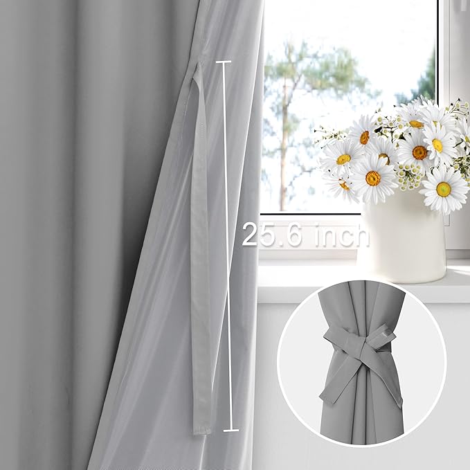 XWZO 100% Blackout Curtains with Tiebacks- 2 Thick Layers Completely Shaded Window Treatment Thermal Insulated Lined Drapes with Grommets for Bedroom/Laundry, Light Grey, W52 x L84, Set of 2 Panels