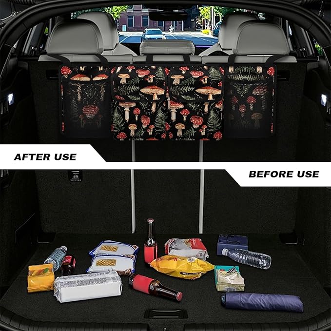 Mushroom Back Trunk Seat Organizer for SUV, Sedan, Van, Oxford Cloth, Equipped with Robust Elastic Net, Hanging Car Storage Organizer with Lids, Easy to Clean & Install In All Vehicles