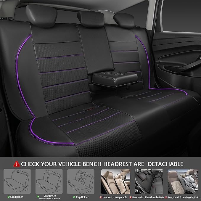 CAR PASS Piping PU Leather Car Seat Cover,Inside Zipper Design and Reserved Opening Holes Airbag Compatible,Universal FIT for Car, SUVs,Van,Trucks,Full Set, Black & Purple
