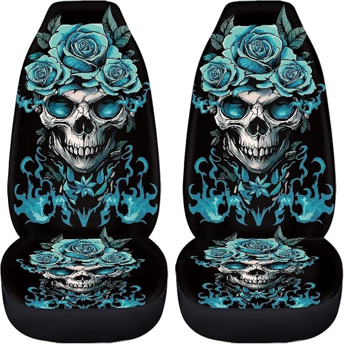 Halloween Skull Rose Car Front Seat Covers Breathable Car Seat Cover Stretch Polyester Fabric Cover Non Slip Fashion Auto Interior Universal for Cars Truck SUV Van