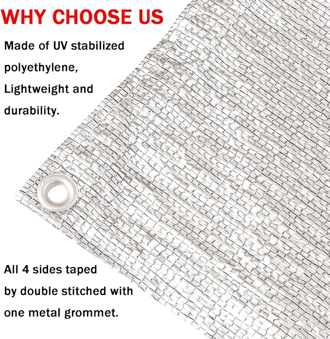 95% Sun Block Heavy Duty Aluminum Foil Shade Cloth with Grommets,6.5ft x 20ft, Mesh Sun Block Fabric Cover, Canopy, Privacy Screen for Outdoor Patio, Garden, Backyard, Silver