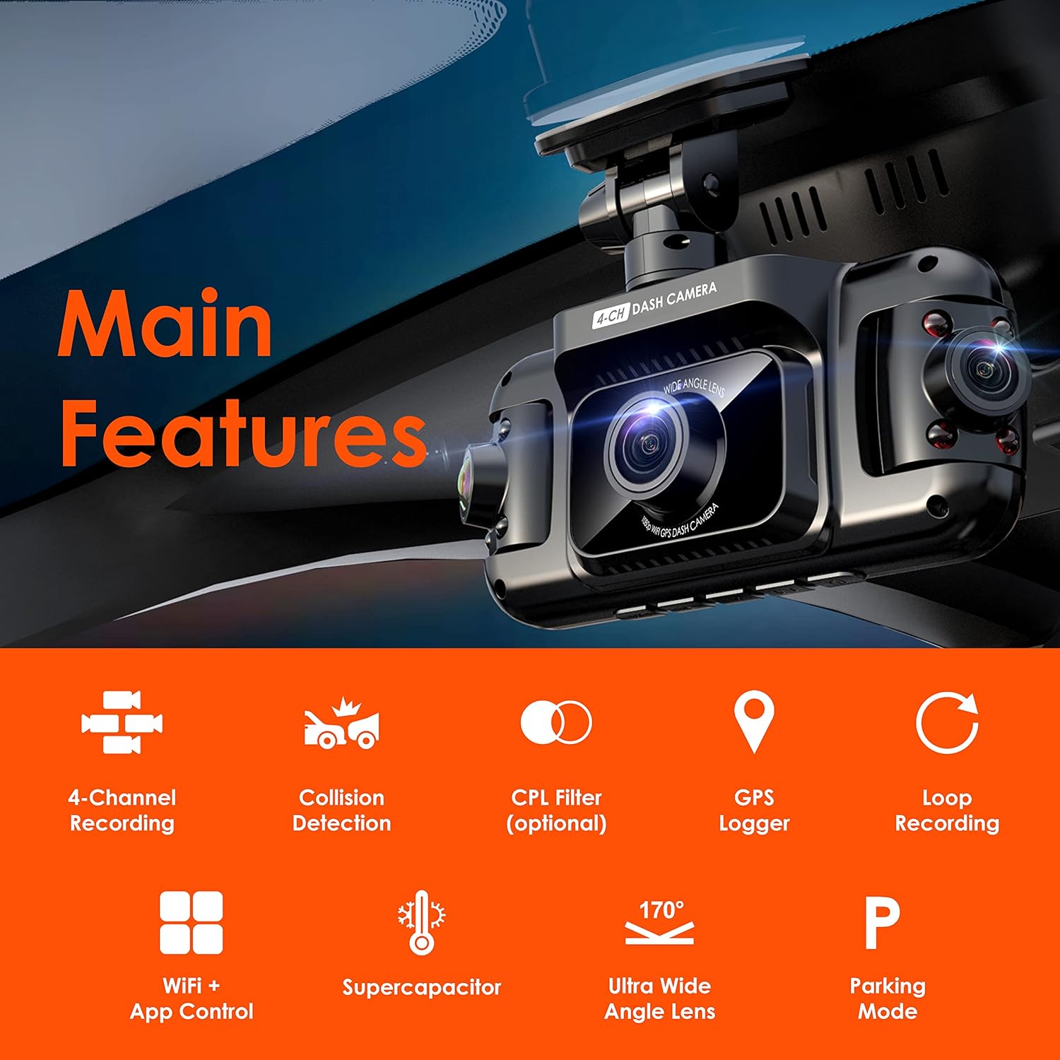 R4-4 Channel Dash Cam W/All Around 1080p Resolution, Wi-Fi, GPS, IR Night Vision, Parking Mode, Collision Detection, Type-C Port