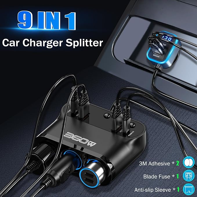 Qidoe 9 in1Cigarette Lighter Splitter,360W 3 Socket Car Charger Adapeter,3*PD&QC 108W,12V/24V Car Socket Adapter with Independent Switches & LED Voltage Display for All Car Devices