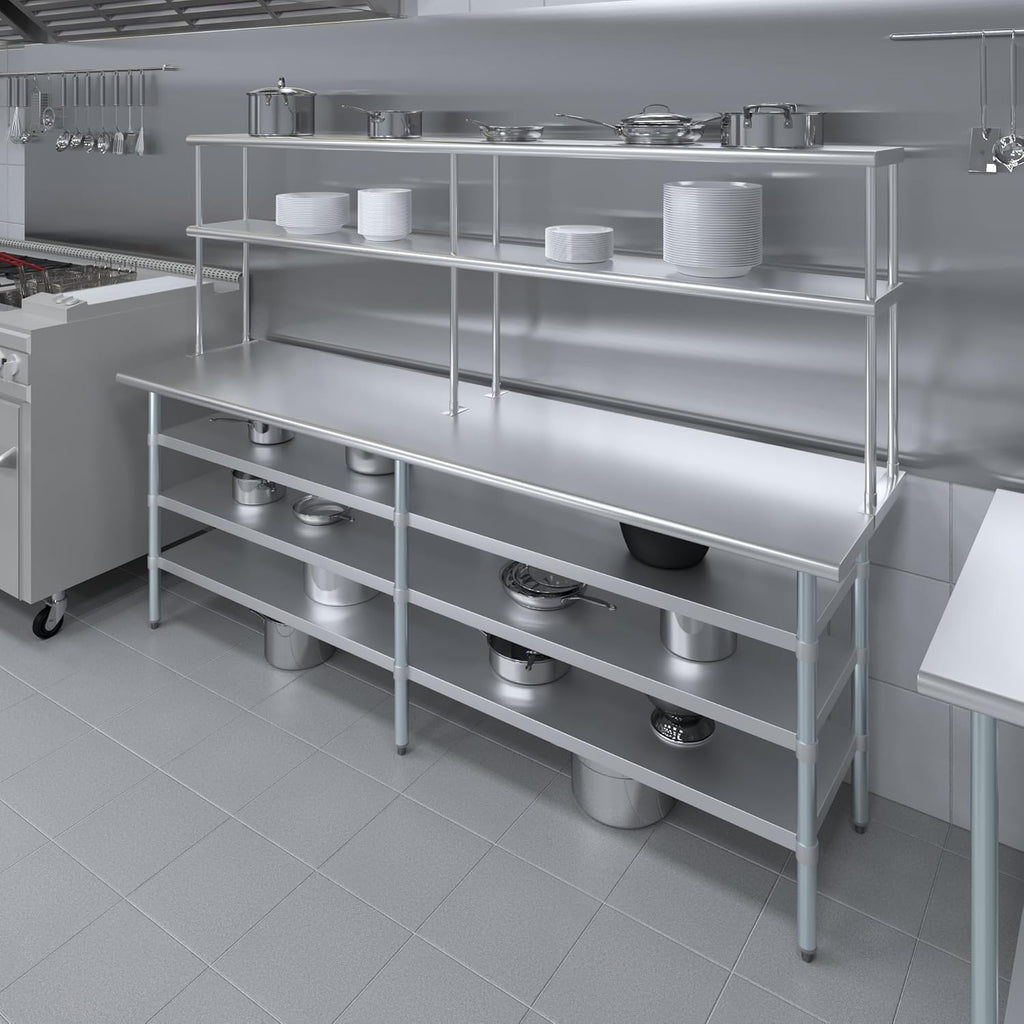 Amgood 24" x 60" Stainless Steel Work Table with 3 Shelves and 12" Wide Double Tier Overshelf | Metal Kitchen Prep Table & Shelving Combo | NSF