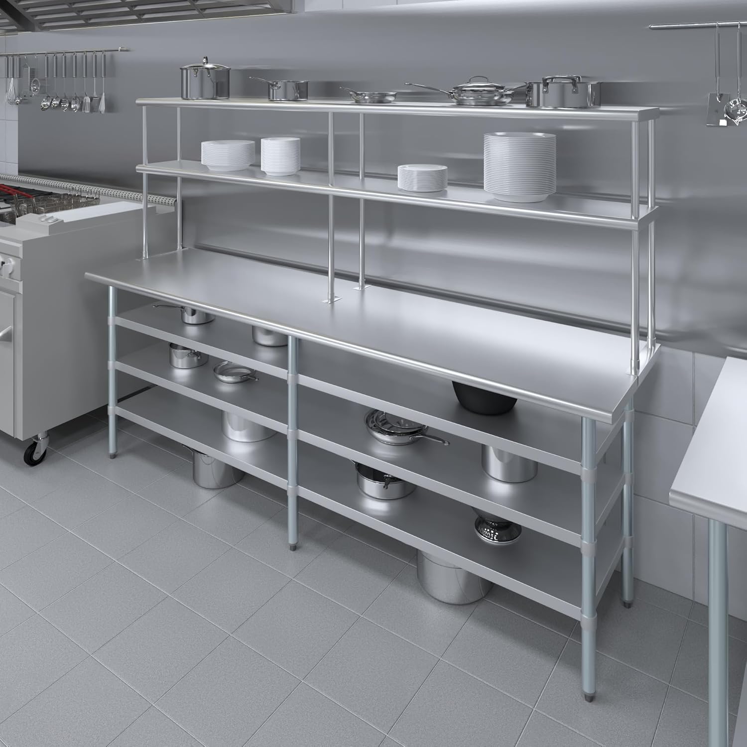 Amgood 24" x 60" Stainless Steel Work Table with 3 Shelves and 12" Wide Double Tier Overshelf | Metal Kitchen Prep Table & Shelving Combo | NSF