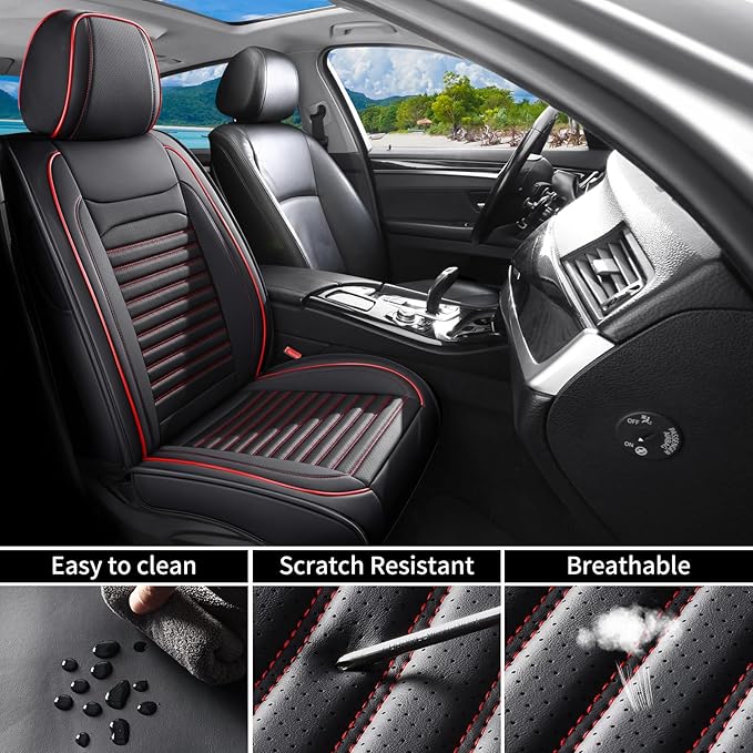 Car Seat Covers Full Set Fit for Toyota Prius 2001-2026, Premium Faux Leather Car Seat Protector,Breathable Anti-Slip Full Wrapping Edge Seat Covers(Black&Red,Full Set)