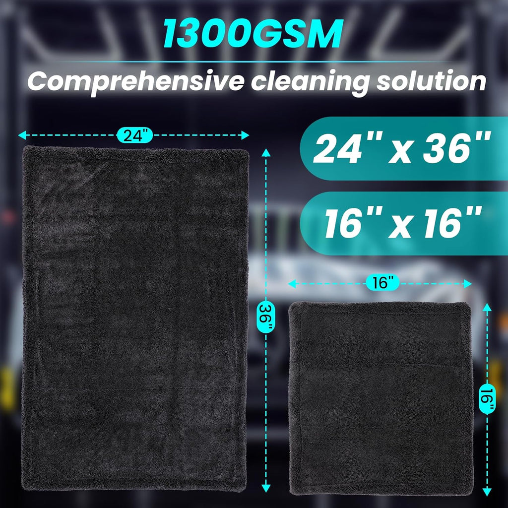2 Pack 1300 GSM Car Drying Towel,Double-Sided Microfiber Towels for Cars(24'' x 36''&16 ''x 16''),Extra Large Ultra Absorbent,Without Residual Lint,Scratches or Water Spots