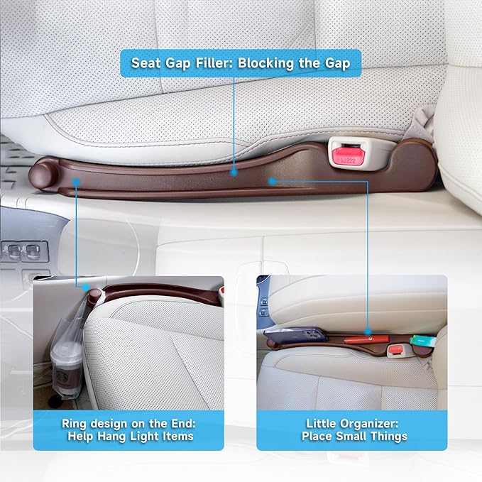 Car Seat Gap Filler 2 Pack Soft Foam Multifunctional Seat Side Gap Filler with Organizer & Hook Function, 3in1 Gap Stopper Universal Fit Car SUV Truck Fill The Gap Between Seat & Console (Deep Brown)