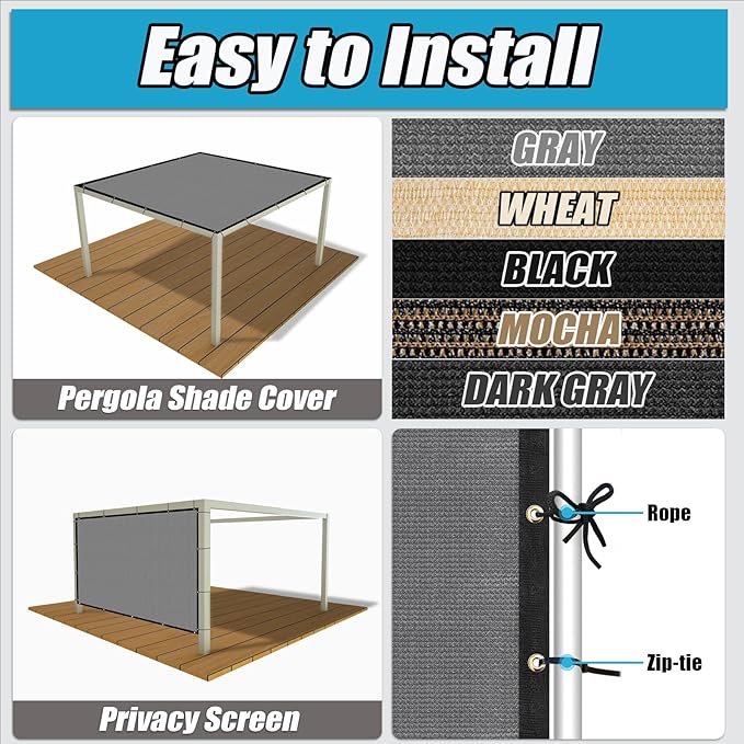 Amagenix 90% Shade Fabric 20'X 23' Gray Sun Shade Cloth with Grommets for Pergola Replacement Shade Cover Canopy, Heavy Duty, Cable Zip Ties Included (We Customized)