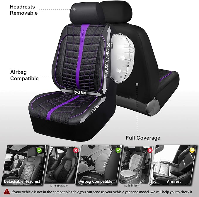 CAR PASS 3D Air Mesh Seat Covers for Car, Leather Car Seat Cover Front Seats, Breathable Foam Premium Leather Mesh Front Seat Covers Universal Fit for Cars Sedans Trucks Vans SUVs, Black Purple