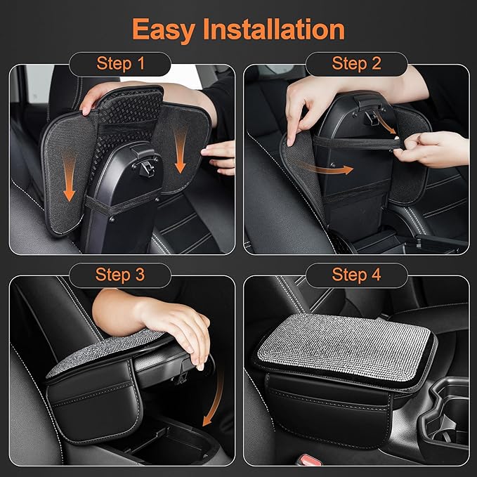 Bling Car Center Console Cover Custom Fit for Jeep Compass - Leather Armrest Cover with 2 Storage Pockets and Crystal Rhinestones(Black)