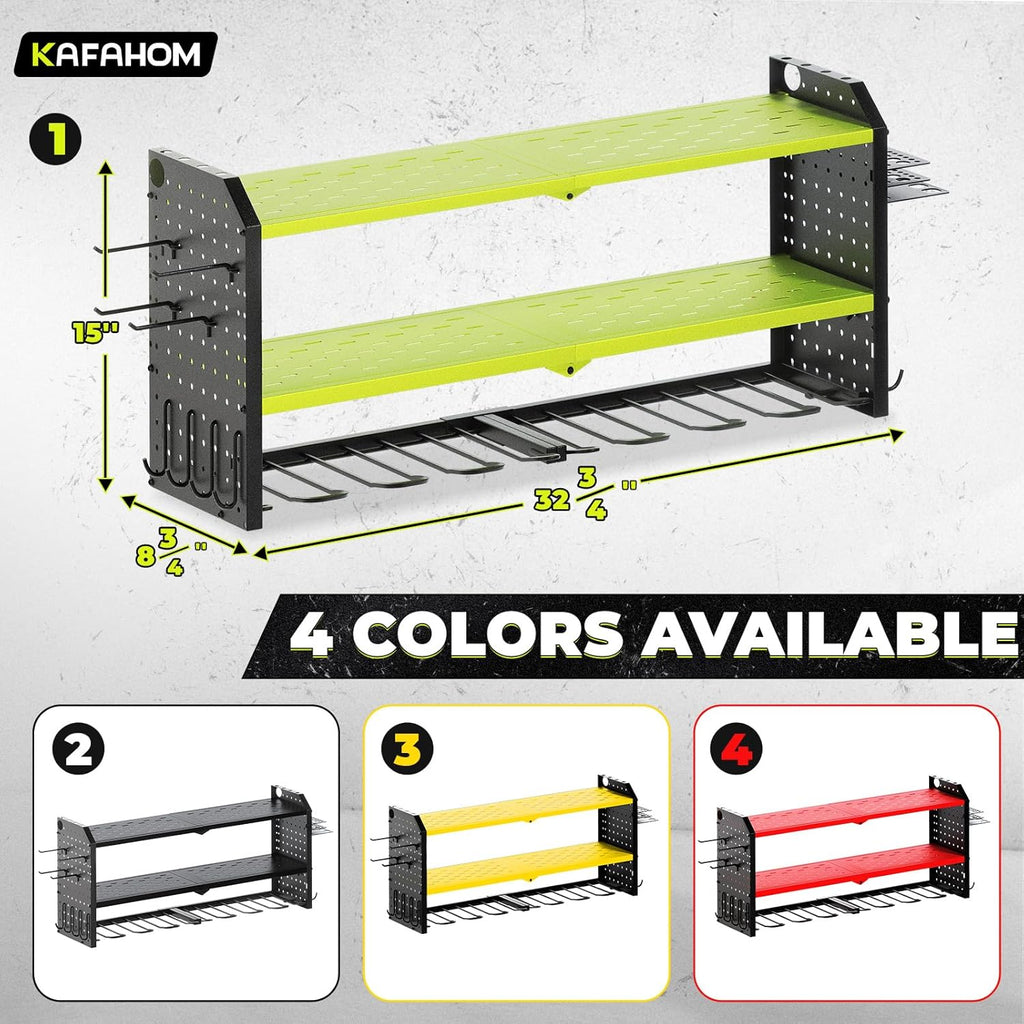 KAFAHOM Power Tool Organizer, Large 8 Drill Holder Wall Mount with 2 Side Pegboards, Heavy Duty Metal Tool Shelf with 12 Hooks, Storage Rack for Garage Organization, Utility Battery Shelves - Green