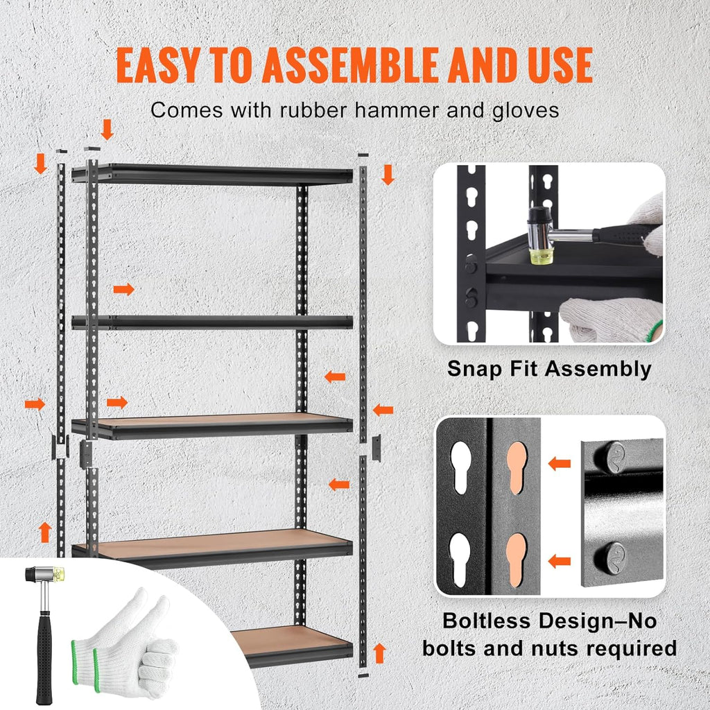 VEVOR Storage Shelving Unit, 5-Tier Adjustable, 2000 lbs Capacity, Heavy Duty Garage Shelves Metal Organizer Utility Rack, Black, 48" L x 18" W x 72" H for Kitchen Pantry Basement Bathroom Laundry