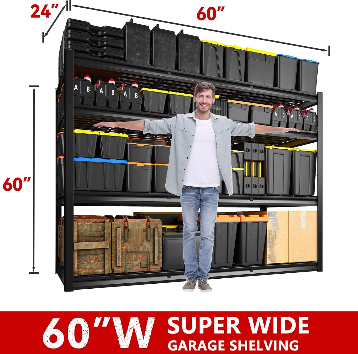 REIBII 60" W Garage Shelving Heavy Duty 2500LBS Storage Shelves 4-Tier Garage Shelves, Adjustable Metal Shelving for Warehouse, Pantry, Kitchen, Commercial, 60" W*60" H*24" D, 2 Pack
