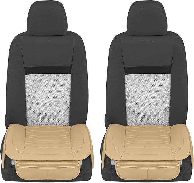 Motor Trend Seat Covers for Cars Trucks SUV, Faux Leather Beige Padded Seat Covers with Storage Pockets, Premium Interior Car Seat Cover, 2 x Front Seat Covers