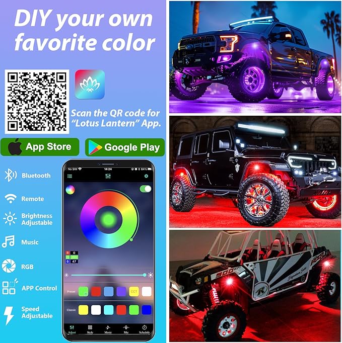 10 Pods RGB LED Rock Lights, Underglow Multicolor Neon Light Kit Wheel Well Light with APP Control & Music Mode, Under Glow Lights for Trucks,Jeep,SUV,Golf Cart,ATV,Pickup Off Road,12 V