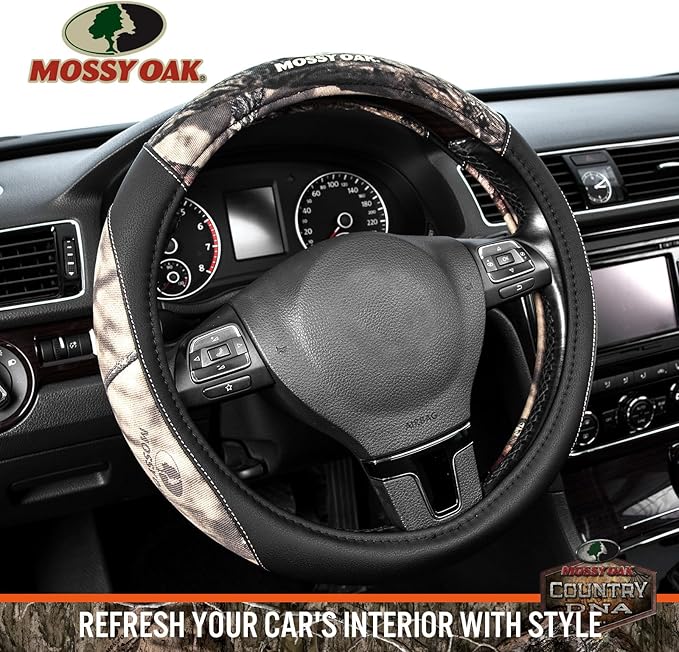 Mossy Oak Camo Steering Wheel Cover - PU Leather and Cotton Twill, Universal Fit 14 1/2 inches to 15 inches - Officially Licensed Product