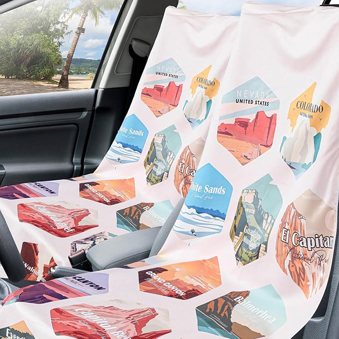 1 Pack Car Seat Towel Covers with Storage Bag 63 x 32 Inch Athletic Running Towel Seat Sweat Washable Non Slip Cover Gift for Car Outdoor Sport Activities (Multi National Parks)