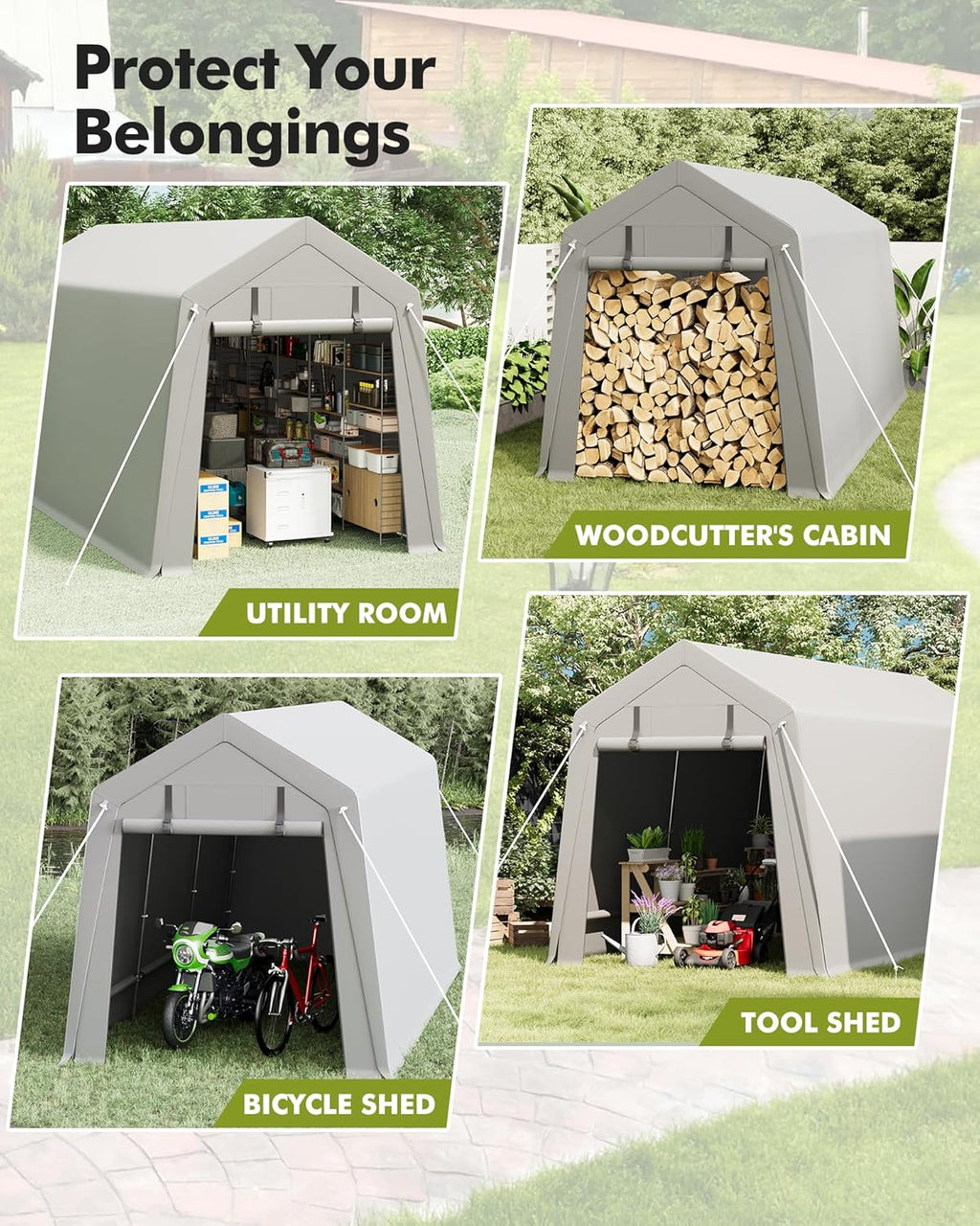 10 x 15 ft Carport Storage Shed, Portable Garage with Roll-up Zipper Door, Heavy Duty Waterproof Tarp, Storage for Motorcycle, Bike, Firewood, Garden Tools