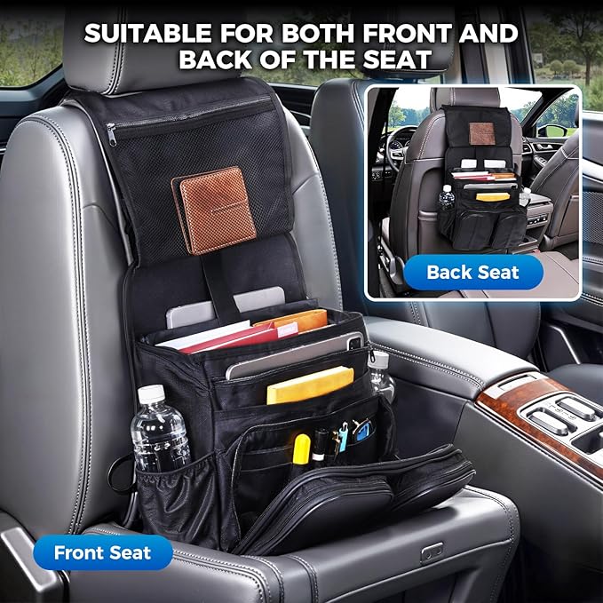 Tsumbay 2-in-1 Car Seat Organizer for Front Seat, Hanging Car Organizer with Laptop Compartment, Tablet Holder & Adjustable Shoulder Strap, Heavy-Duty Oxford Leather Office Organizer for SUV,Truck,Van