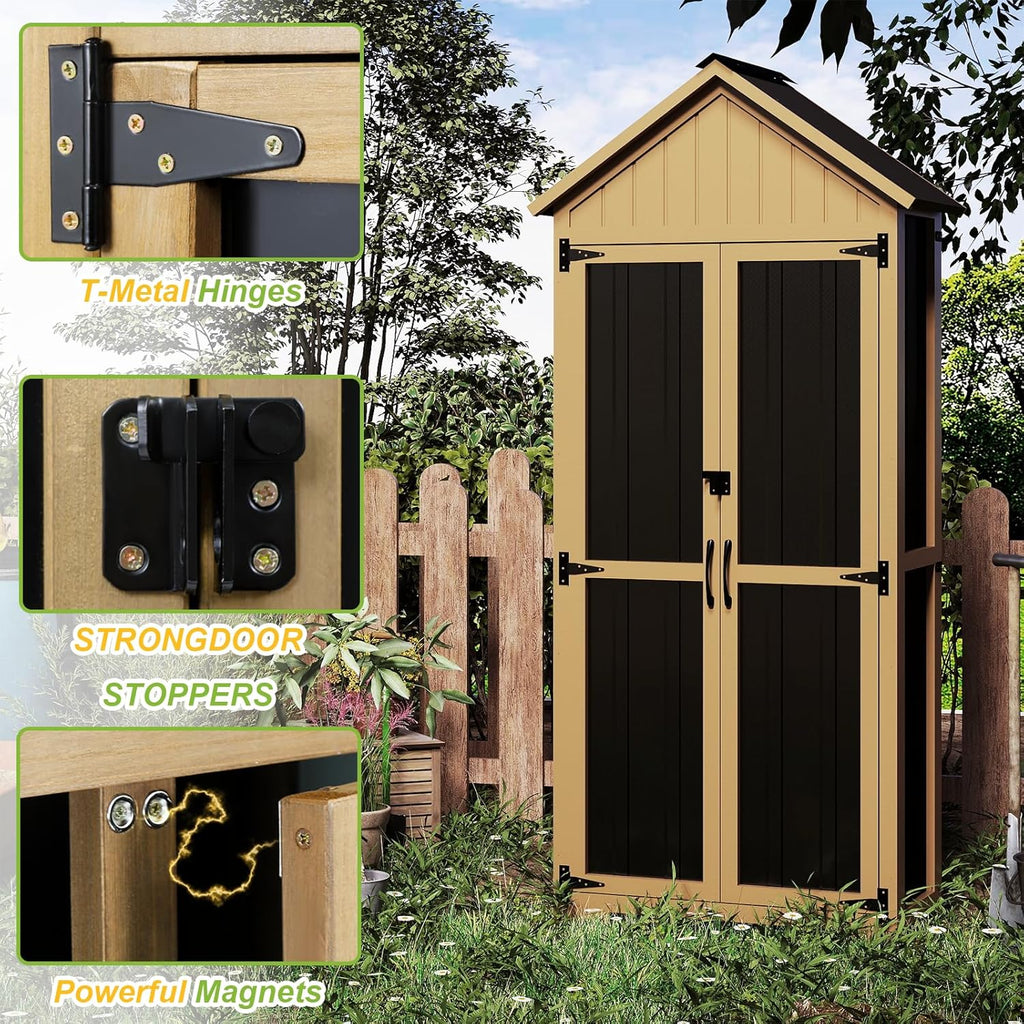 Outdoor Storage Cabinet with Shelf, Wood & Metal Storage Shed with Lockable Doors & Sloping Roof, Outdoor Cabinets Weatherproof for Patio Backyard, Garden Shed Tool Shed and Accessories, Brown
