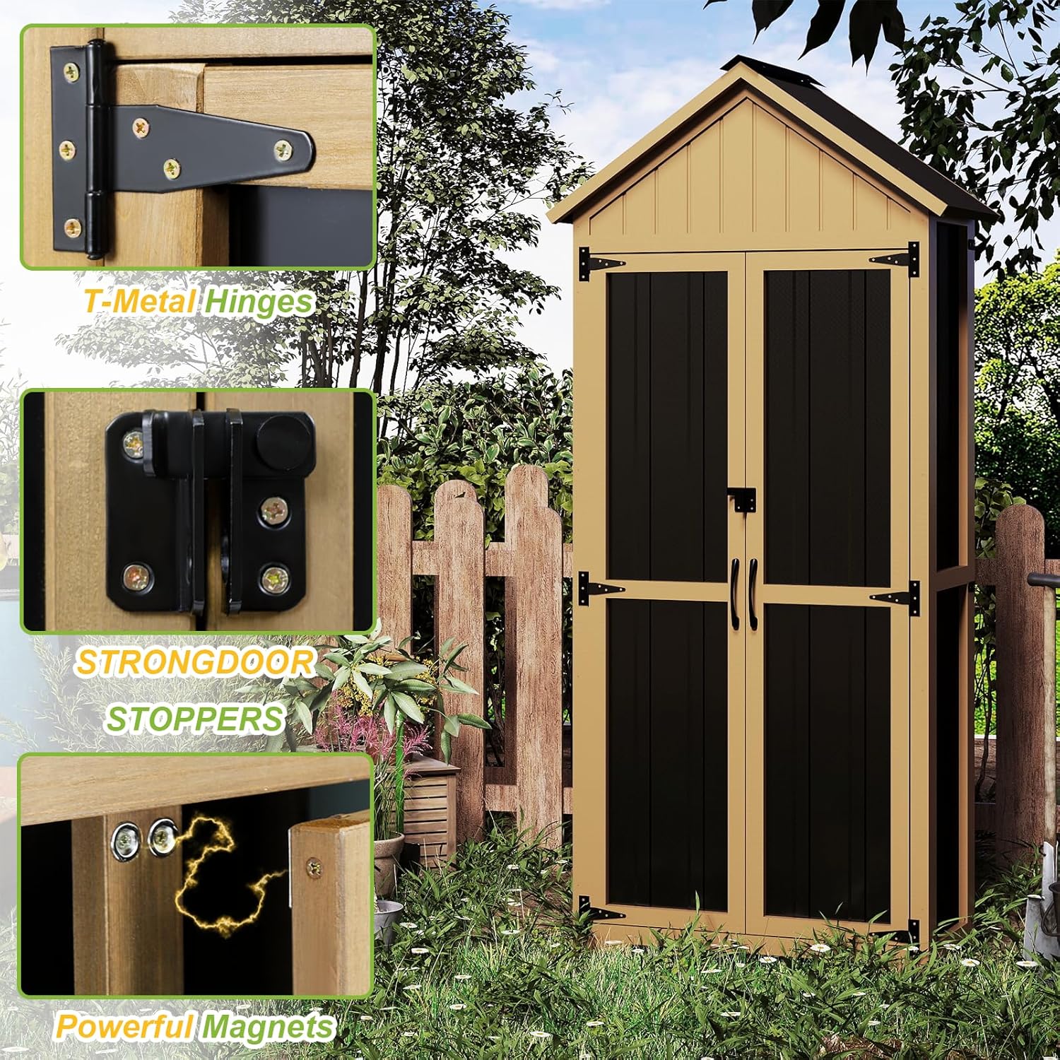 Outdoor Storage Cabinet with Shelf, Wood & Metal Storage Shed with Lockable Doors & Sloping Roof, Outdoor Cabinets Weatherproof for Patio Backyard, Garden Shed Tool Shed and Accessories, Brown