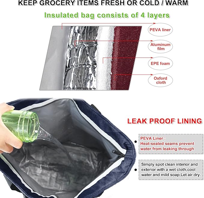 BeeGreen Insulated Cooler Bag with Handles Oversized Sturdy Leakproof Freezer Shopping Tote for Groceries Heavy Duty Thermal Food Delivery Bag Vintage Blue