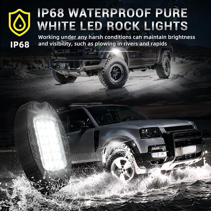 8 Pods Alloy Pure White LED Rock Lights for Truck Offroad ATV UTV RZR SUV Boat, Metal 6500K 24 LEDs White Neon Underglow Light with Switch Extension Harness, Under Trail Rig Fender Lighting